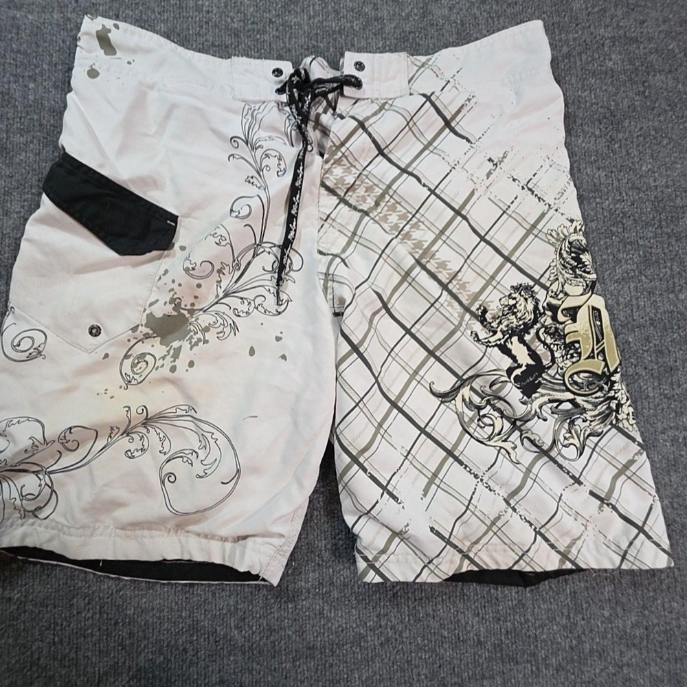 Maui And Sons Board Shorts Mens 34 White Plaid Surf Swim Quick Dry Lined Logo